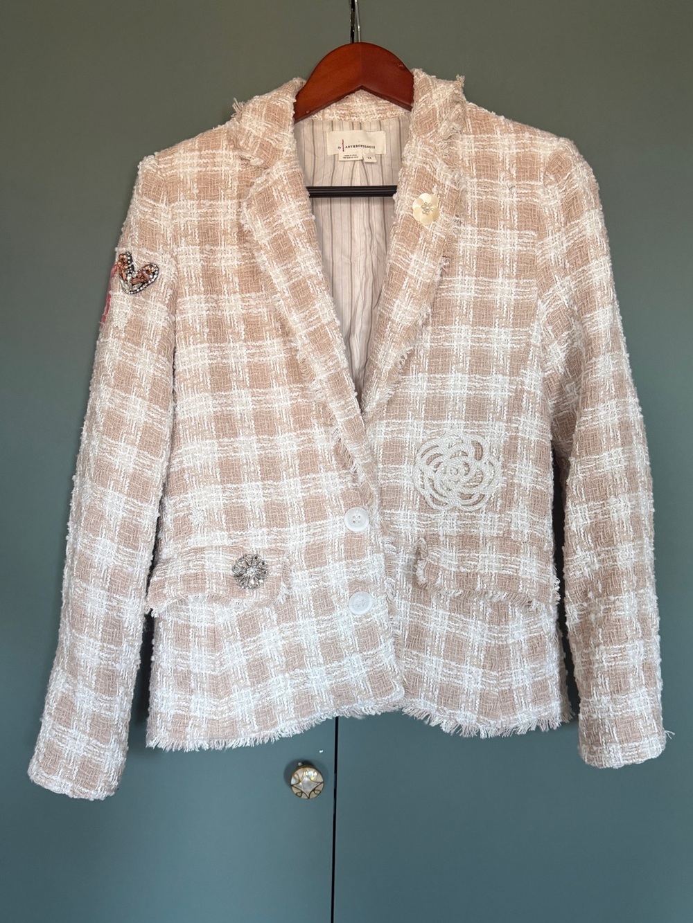 Nwot Anthropologie Tweed Appliqué Blazer beige in size Xs
